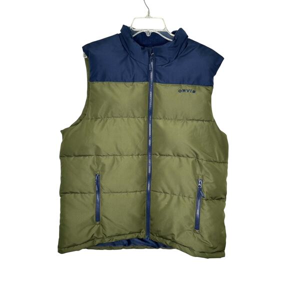 Orvis Ripstop Puffer Vest Green Navy Blue Color Block Full Zip Large Pockets - Picture 1 of 9